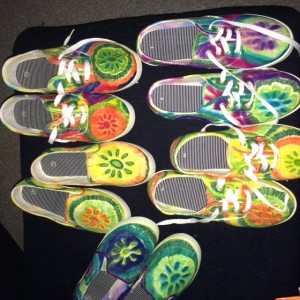 Tie Dye Shoes made by guests involved in make it take it workshop 