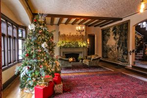 Holiday tree decorated in living room of Manor